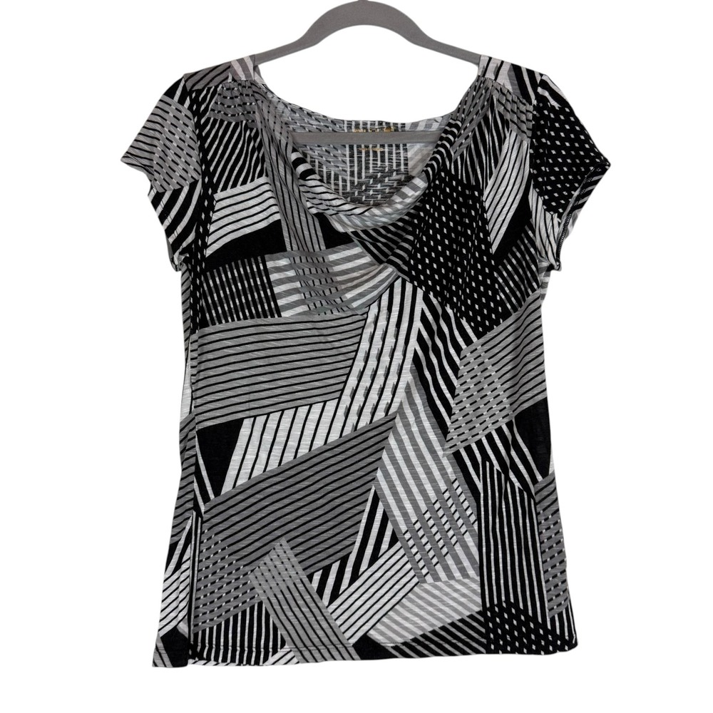 APT. 9 Top Womens M Black White 100% Rayon Cowl Neck Geometric Summer Blouse